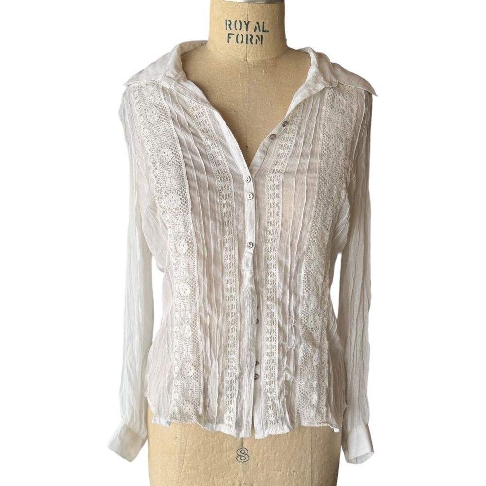 White Stag White Lace & Pintuck Button-Front Blouse